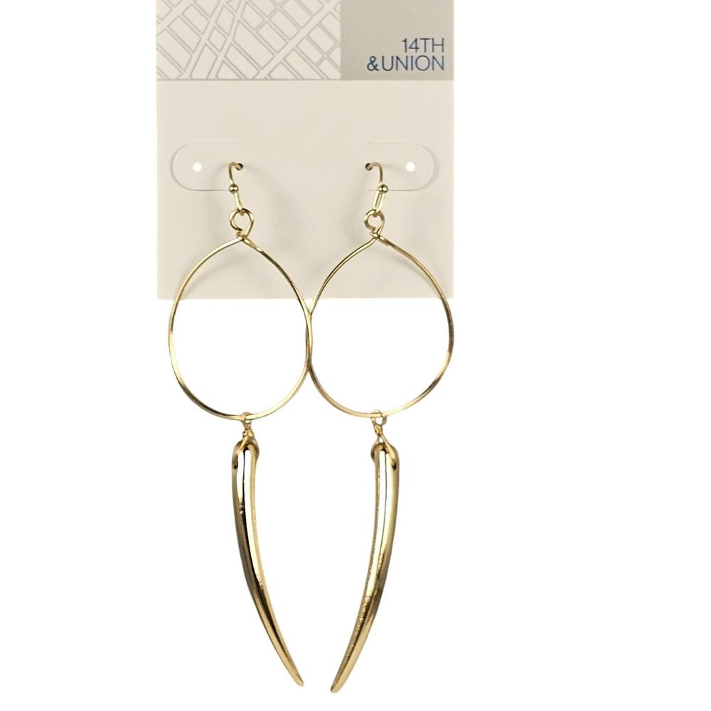 Gold Tone Teardrop Spike Dangle Earrings Boho 3.4" 14th & Union Jewelry Pierced
